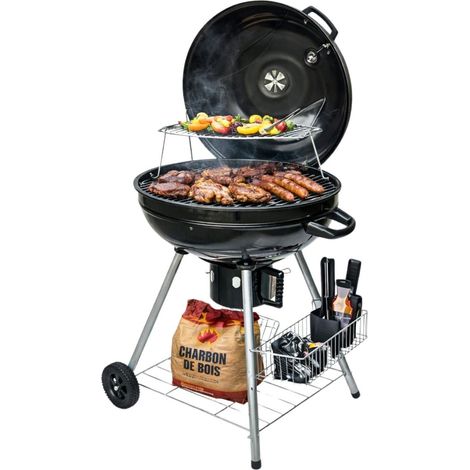 Barbecue à Charbon de Bois Ø54cm Double Grille Cuisson & Couvercle Thermostat Bac à cendres, Barbecue sur roues avec rangement