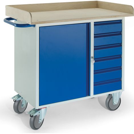 Rollcart Montagewagen mit Holzrand, 6 Schubladen und Stahlschrank