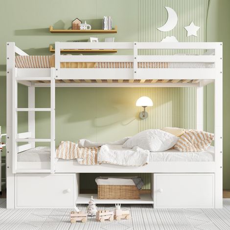T superposé 90 x 200 cm pour enfants avec étagères à chaussures et tiroirs de rangement, transformable en 2 lits simples. (1/5)