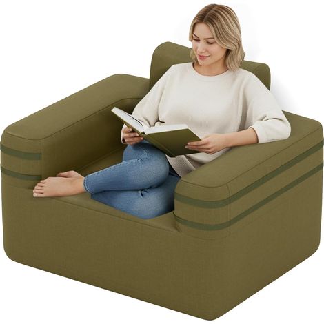 COSTWAY Canapé Gonflable 1 Place, Fauteuil Portable en Tissu Oxford avec Pompe à Air Intégrée 3 Embouts Poche de Rangement, Design Moderne pour Intérieur Extérieur Camping, Charge 150 kg (1/5)