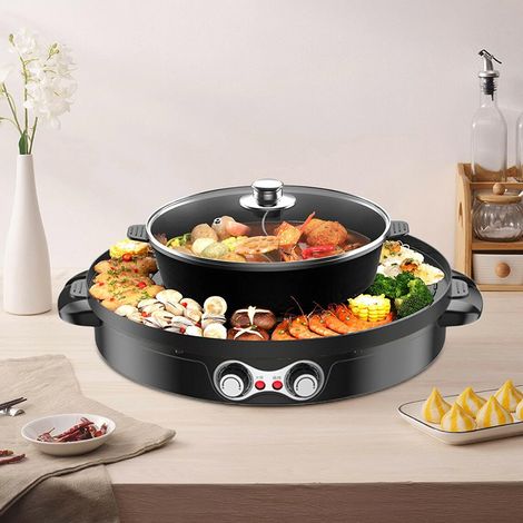 Hot Pot - Padella multifunzionale 2 in 1 per feste - Doppio scomparto - Barbecue coreano - Barbecue elettrico senza fumo per una facile pulizia - Nero
