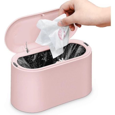 Petite poubelle de table universelle avec couvercle à bouton pour la cuisine, la chambre, la salle de bain, le bureau, etc. (rose) (1/2)