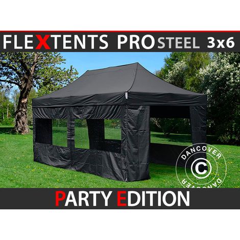 Pop up gazebo FleXtents PRO Steel 3x6 m Black, incl. 6 sidewalls