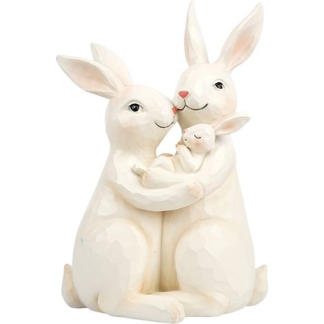 Statue Famille De Lapins - Décor En Résine Blanc Crème - Pour Bureau Étagère Cheminée - Lot De 1 Pièce (1/5)