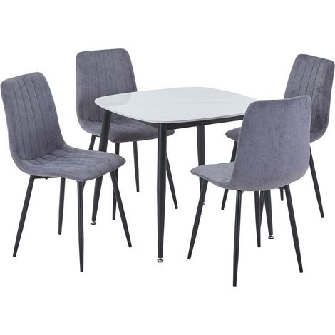 Aspen Gloss White Sintered Stone Square Table & 4 Grey Fabric Chair Set - Metal - L54 x W53.5 x H88 cm