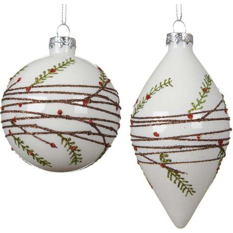 Sfera Decorativa Rami Bianchi - Palline Vetro Smaltato 67mm Assortiti