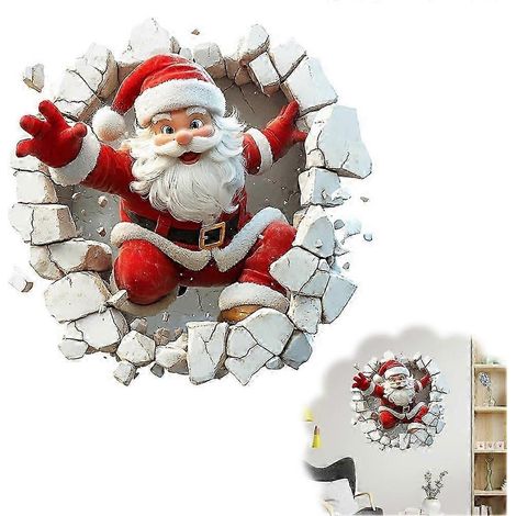 Sticker mural 3D représentant le Père Noël défonçant un mur, sticker mural en vinyle pour les fêtes
