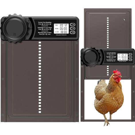 Porte Poulailler Automatique Batterie avec Écran LCD Programmable Étanche, Porte Automatique Poulailler en Aluminium avec Minuterie, Fonction Anti-pincement, Ouvre-Porte Vertical, Brun (1/5)