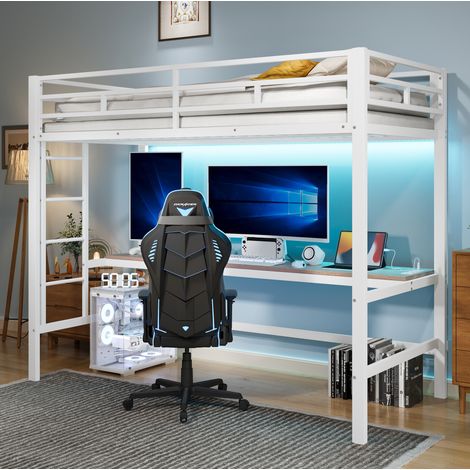 Lit mezzanine 90x200 cm avec bureau, échelle et garde-corps, en métal, blanc, sans matelas (1/5)