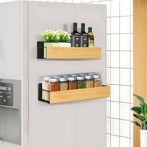 Étagère magnétique à épices pour réfrigérateur, lot de 2, en bois et bambou, idéale pour le rangement et l'organisation de la cuisine. Couleur : noir. (1/5)