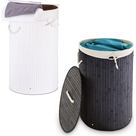 juego de 2 cestas redondas para ropa sucia, sistema de separación de bambú, bolsa extraíble, cesto de 80 L, negro/blanco