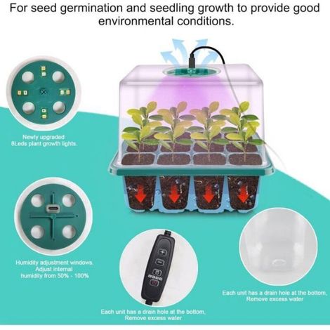 Mini Serre - LED Réglable - Minuterie 4/8/12/18 H - Couvercle Ventilé 16 Cm - Lot De 5 (1/4)