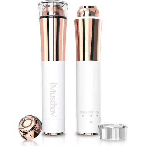 Mini tondeuse portable pour poils du visage, lèvres et menton pour femme, stylo épilateur indolore avec tête rotative hypoallergénique plaquée or 18 carats. Lumière 360° pour une épilation instantanée (1/5)