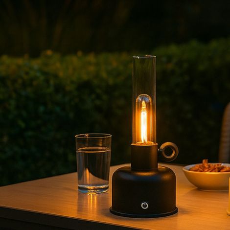 Lampe à poser 'Lampe à huile' LED, rechargeable noire, IP44, 200 lm, dimmable, blanc chaud - LPSRNRD (1/4)