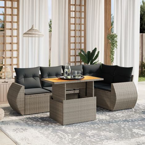 Ensemble de Jardin 6 Places Tressé Résine Gris avec Coussins Amovibles et Table Réglable - Salon d'Extérieur Modulaire (1/3)