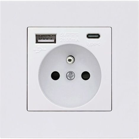 Regleta de alimentación USB y Tipo-C de 16 A – 2 tomas de corriente + 1 puerto USB + 1 puerto Tipo-C – Instalación horizontal/vertical – Diseño cuadrado blanco – USB16A (1/5)