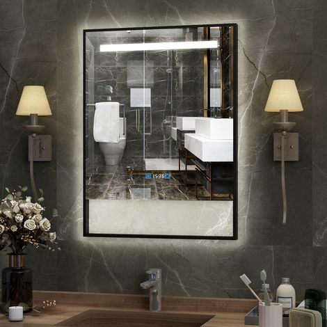 Puluomis – Miroir de salle de bain 80×60 cm avec éclairage LED réglable – 3 couleurs de lumière – Antibuée – Affichage numérique – Support de rangement (1/5)