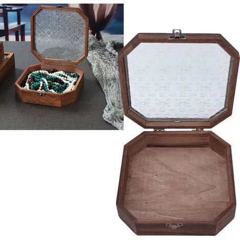 Boîte de rangement en bois avec couvercle et panneau en verre, style octogonal vintage, idéale pour les bijoux et les souvenirs. (1/5)