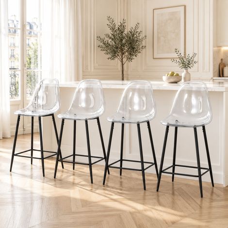 Set mit 4 transparenten Barhockern mit schwarzem Metallgestell, modernes Design (1/5)