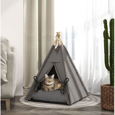 Tienda tipi para gatos 60 x 60 x 76 cm con cojín extraíble y lavable, gris DESVIAE (1/5)