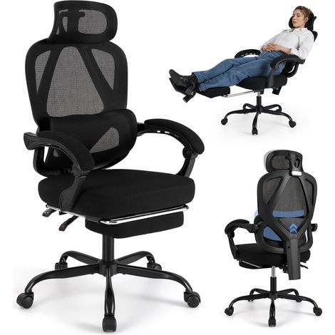 COSTWAY Sedia da Ufficio con Ruote, Sedia da Scrivania con Altezza Regolabile, Poggiapiedi Estraibile, Schienale Regolabile a 135°, Poggiatesta e Supporto Lombare Regolabili, Portata 160 kg (1/5)