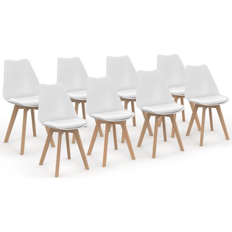 Idmarket – Lot de 8 chaises scandinaves blanches – Dossier en polypropylène – Pieds en bois – Dimensions 46x51x79,5cm – Confort d'assise rembourré (1/5)