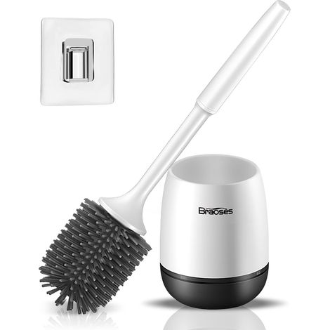 Brosse WC et Support, Brosse de Toilette en Silicone, Balayette WC Ensemble à Manche Long avec Séchage Rapide Support Set, Mural Monté/Au Sol (1/5)