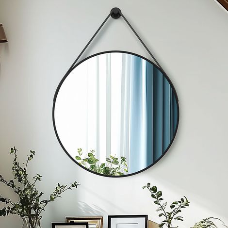 Black Round Wall Mirror Bathroom Bedroom Makeup Dressing Leather Strap Hanging Mirror - 80cm (1/5)