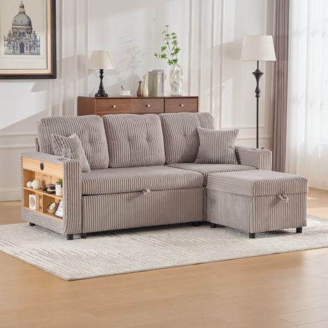 Sofá cama - Sofá de 3 plazas - 196 x 82 x 85 cm - con espacio de almacenamiento y cama extra, puerto USB-C - pana gris claro (1/5)