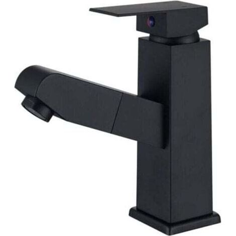 Robinet mitigeur de lavabo noir avec douchette extractible – acier inoxydable brossé, levier monocommande pour vasque (1/4)
