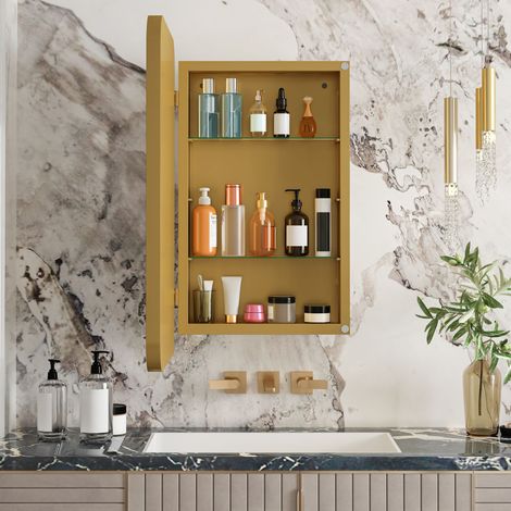 Meuble miroir mural rectangulaire doré, placard de toilette encastrable avec cadre métallique, étagères ajustables, rangement pratique pour salle de bain, séjour et chambre. (1/5)