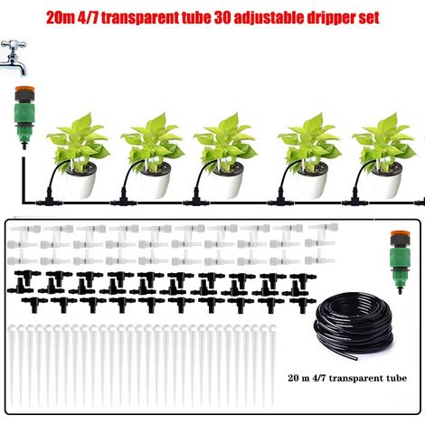 Kit d'irrigation goutte à goutte pour plantes en pot (tuyau de 20 mètres, 30 régulateurs), tuyau de 4/7 mm (1/5)
