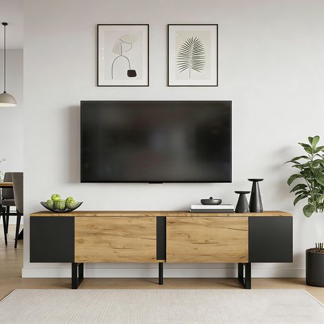 Meuble TV avec deux caissons latéraux et des étagères ouvertes, adapté aux téléviseurs de 75 pouces et moins, couleur naturelle