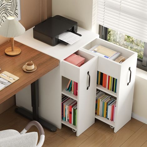 Bibliothèque mobile à roulettes 52×50×75cm, étagères et tiroirs réversibles, protection anti-chute, adaptable comme table de chevet, blanc (1/5)