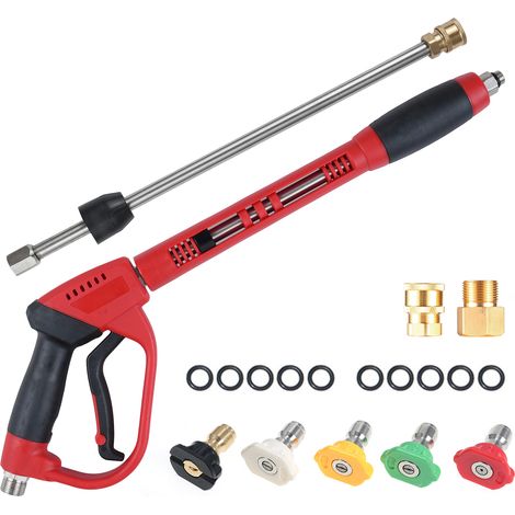 Pistolet de nettoyeur haute pression 5000 PSI Lavage puissant 40 pouces de longueur 1/4 pouce Connexion rapide avec connecteur de tuyau d'eau M22 5 embouts de buse de couleur 0, 15, 25, 40, mode savon (1/5)