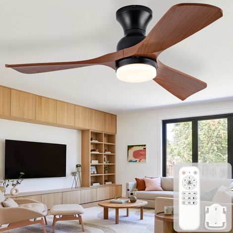 Ventilateur de plafond 106 cm, avec lumière LED, télécommande, silencieux, 6 vitesses, bois noyer et noir