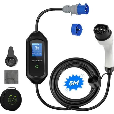 Cargador para vehículos eléctricos, control Wi-Fi, corriente ajustable, 7 kW, 5 m, con aplicación. (1/2)