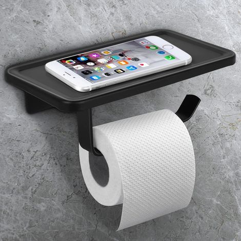Toilet Paper Holder No Drilling Roll Holder with Shelf, Self Adhesive Aluminum Roll Holder or Wall Mounted for Bathroom, Kitchen, Rustproof Roll Holder (Black) (1/5)