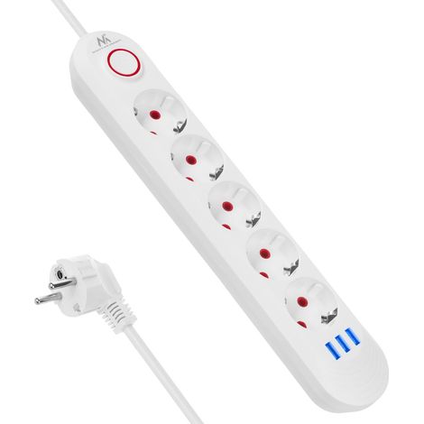 MACLEAN MCE394/MCE395 MULTIPRISE USB 2500W 1,5M COMPACT AVEC INTERRUPTEUR, PORTS USB ÉCLAIRÉS À 45° MONTAGE MURAL (BLANC,