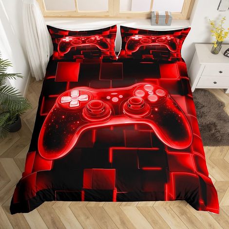 Housse de Couette 140x200 cm Motif Gamer Néon Rouge - 140x200cm + 1 Taie Oreiller 65x65cm (1/5)