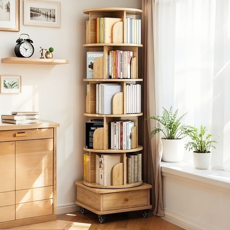 Bibliothèque 6 niveaux - Étagère rotative 360° – basculement – tiroir – roulettes – 46×46×173 cm (1/5)