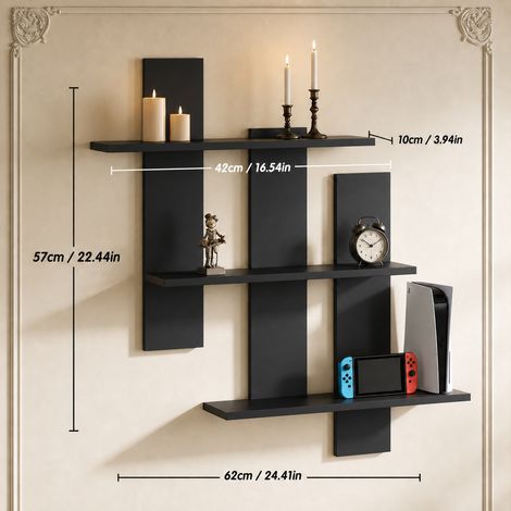 Étagère murale noire à 3 niveaux sans perçage, petite taille, rangement vertical compact pour salon, chambre, cuisine et bureau (1/5)