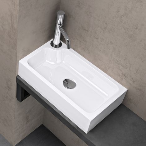 doporro Lavandino Bagno da Appoggio Lavabo ad Angolo Rettangolare con Foro Rubinetto e Vasca a Destra, Design Moderno in Marmo Resina con Nano Rivestimento 46x26x11cm Bianco Lucido, Colossum101