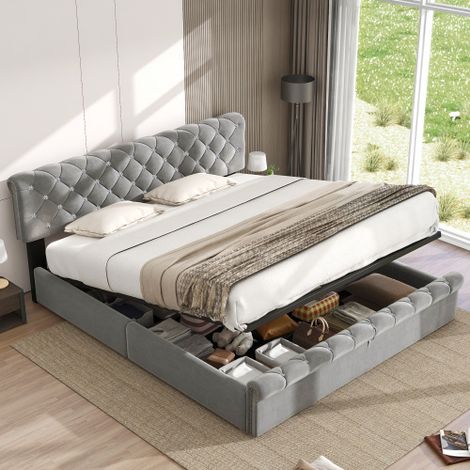 Lit coffre adulte 160x200 cm avec tête de lit réglable en hauteur, sommier à lattes en bois, sans matelas, velours, gris (1/5)