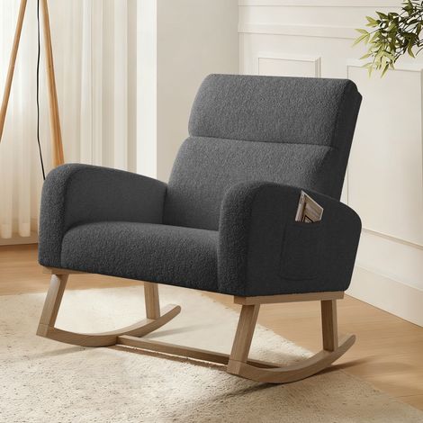 ADWOLT Fauteuil à Bascule- Rocking Chair avec rangement de poche -pieds en bois massif -Style Scandinave -Salon-Chambre-tissu sherpa-Gris foncé-69x78x87cm