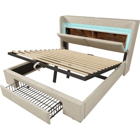 Cama con almacenaje 140x200 cm beige de lino con LED, USB, USB-C y colchón (1/5)