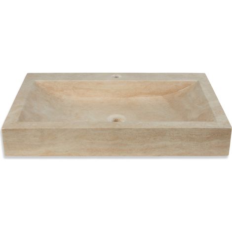 Vasque à poser rectangulaire en travertin 70x45x10 cm – Couleur beige – Perçage robinetterie pour installation facile