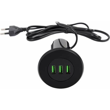Chargeur USB encastrable 3 prises Ø46mm – 5V 3100mA – Câble 1,4m – Charge rapide pour appareils multimédias – Plastique noir (1/2)