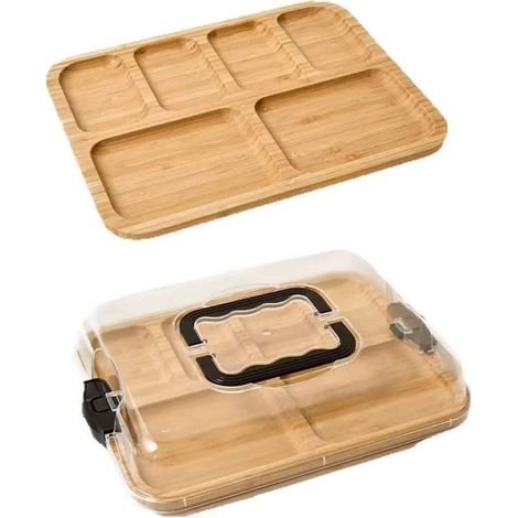 Assiette en bambou à six compartiments avec couvercle transparent, double face, pour servir fromages et amuse-gueules, idéale pour les fêtes et les pique-niques. (1/5)