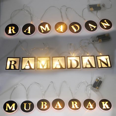 Guirlande Lumineuse LED Ramadan avec Lettres en Bois Ajourées pour Décoration Maison Eid Mubarak (1/5)